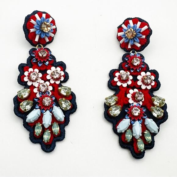 J Crew Chandelier Earring Oversized Red Blue Embroidered Big Beaded Jeweled - Picture 9 of 10